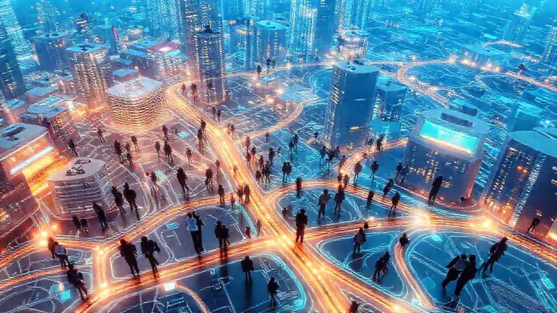 Ciudad futurista holográfica, accesible y optimista